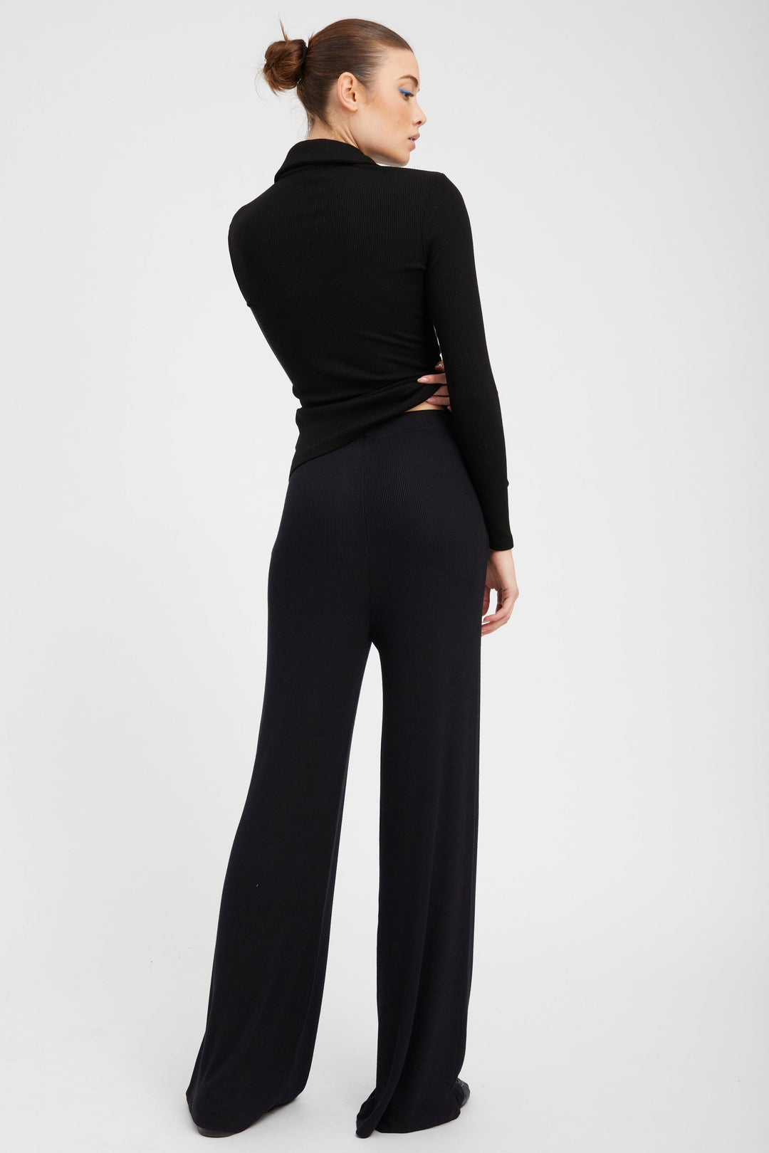 BLACK RIB WIDE-LEG PANTS