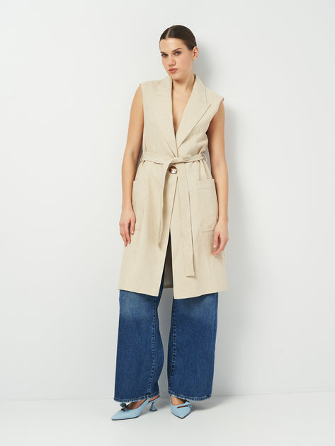 VESTE SANS MANCHES AVEC CEINTURE EN LIN