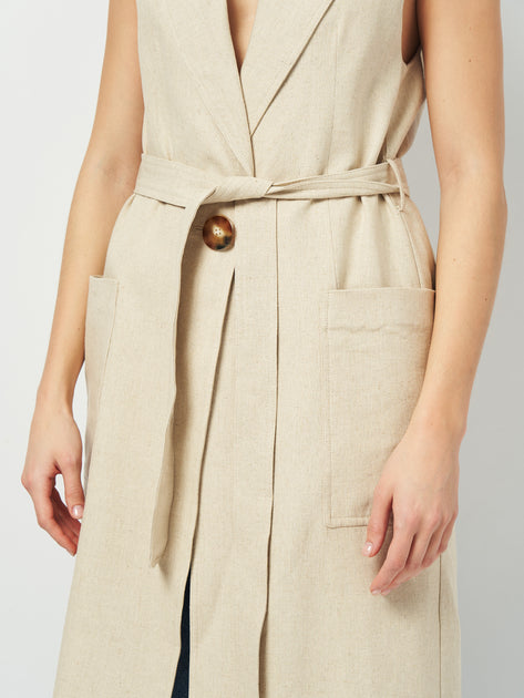 VESTE SANS MANCHES AVEC CEINTURE EN LIN