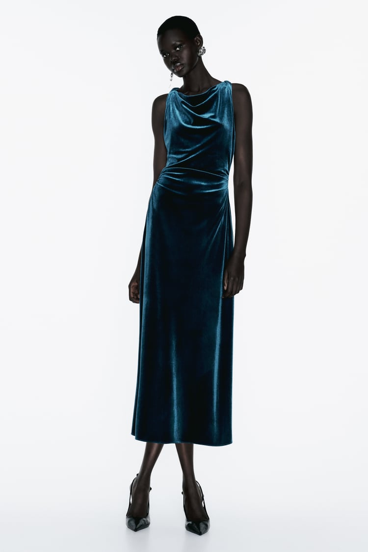 ROBE MI-LONGUE EN VELOURS BLEU CANARD