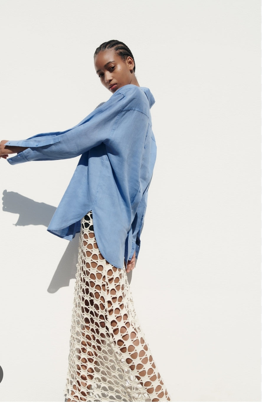 Chemise En Lin Bleue À Boutons