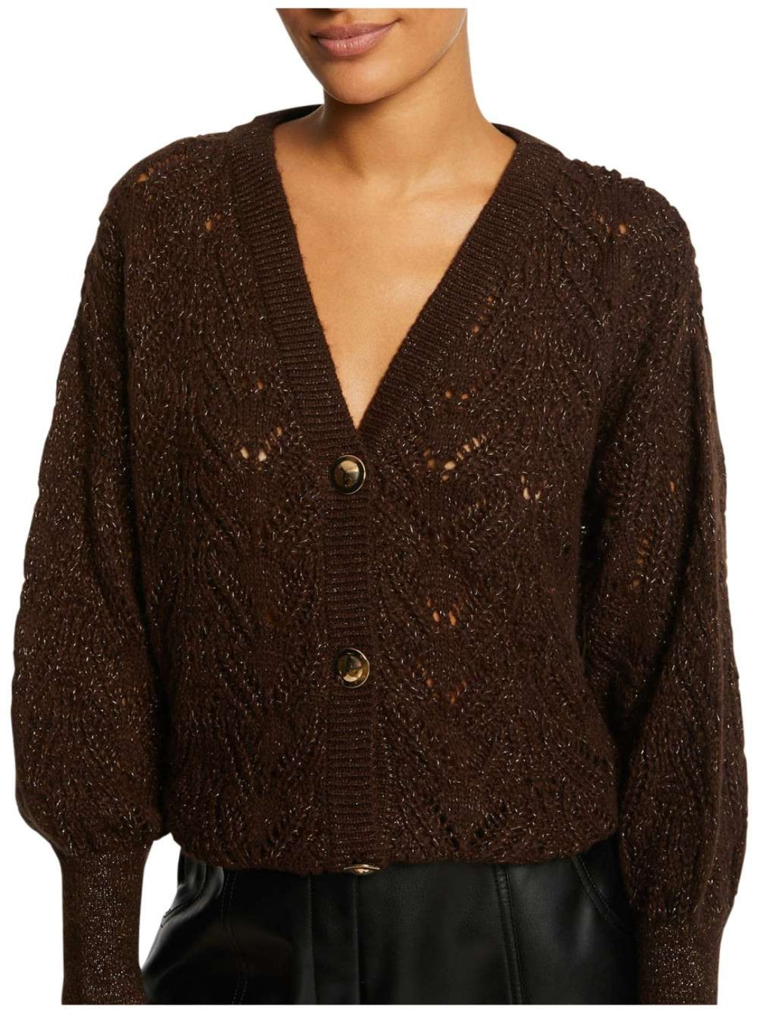 Cardigan Morgan Boutonné Chocolat En Maille Ajouré Avec Une Coupe Droite ET Col V