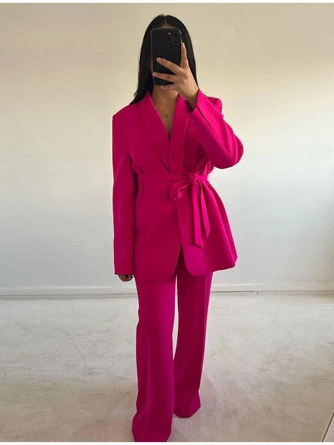 ENSEMBLE VESTE À COL SMOKING | PANTALON LARGE FUSHIA