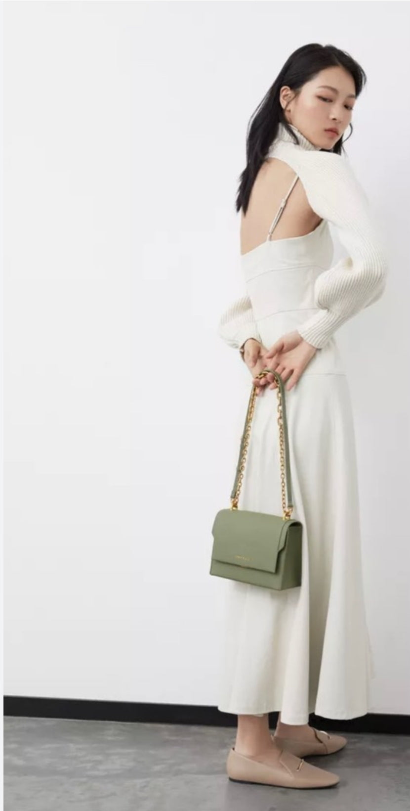 CHARLES & KHEITH Front Flap Chain Handle Crossbody Bag - Khaki