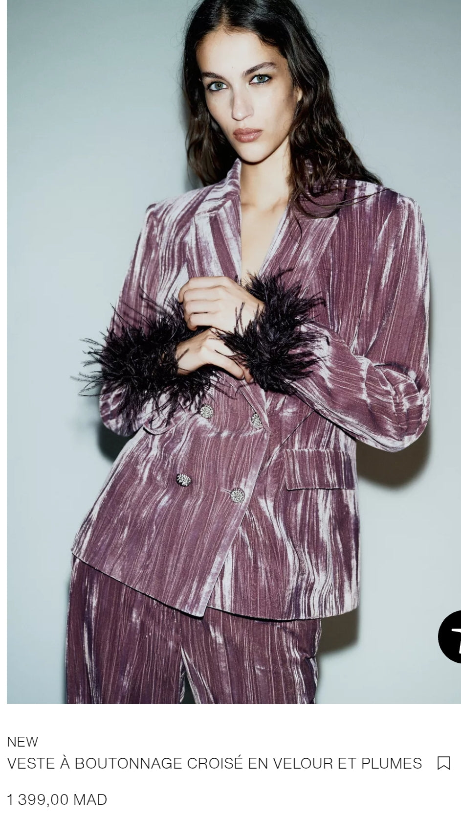 ENSEMBLE VESTE À BOUTONNAGE CROISÉ EN VELOUR ET PLUMES | PANTALON LARGE EN VELOURS