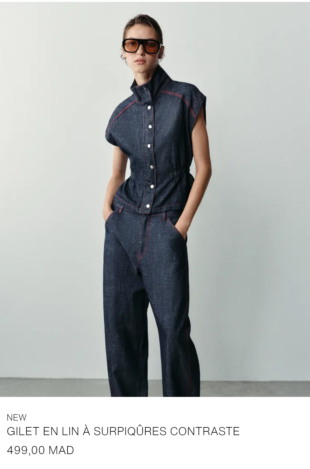 ENSEMBLE GILET PANTALON BARREL EN LIN À SURPIQÛRES CONTRASTÉES