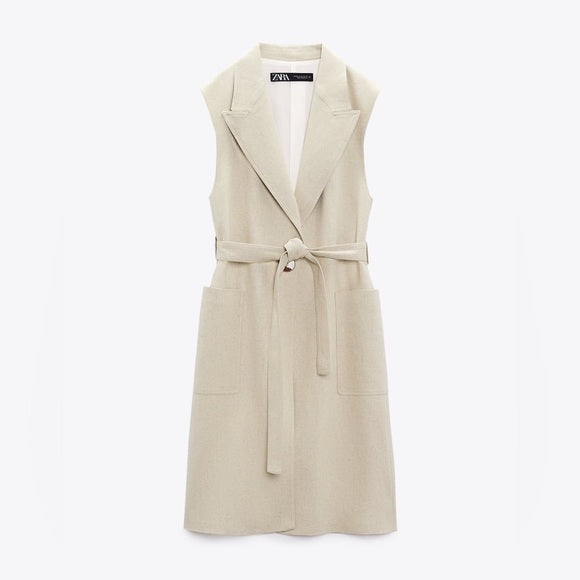 VESTE SANS MANCHES AVEC CEINTURE EN LIN