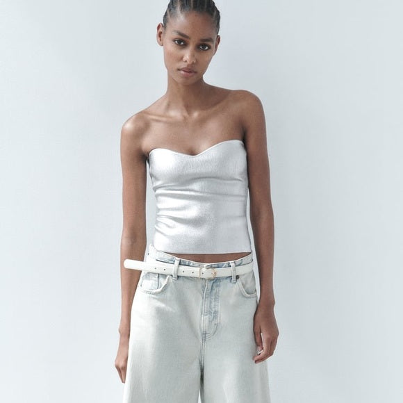 BUSTIER EN MAILLE MÉTALLISÉ ARGENTÉ
