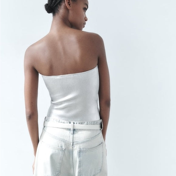 BUSTIER EN MAILLE MÉTALLISÉ ARGENTÉ