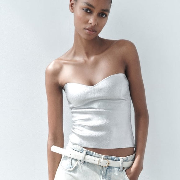 BUSTIER EN MAILLE MÉTALLISÉ ARGENTÉ