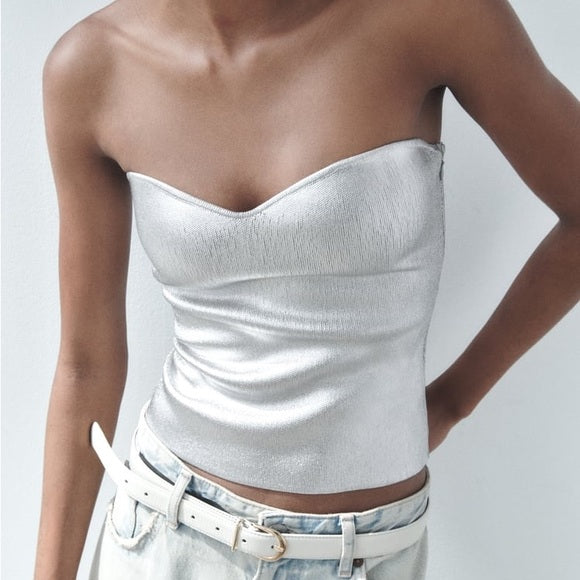 BUSTIER EN MAILLE MÉTALLISÉ ARGENTÉ