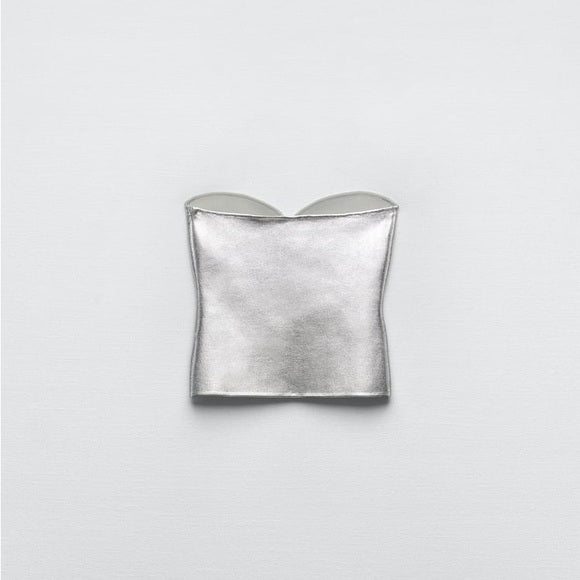 BUSTIER EN MAILLE MÉTALLISÉ ARGENTÉ