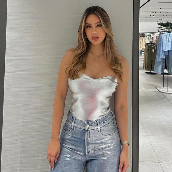 BUSTIER EN MAILLE MÉTALLISÉ ARGENTÉ