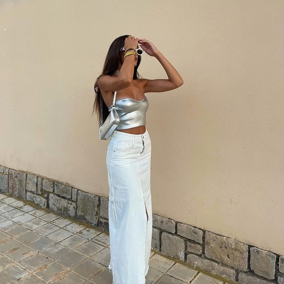 BUSTIER EN MAILLE MÉTALLISÉ ARGENTÉ