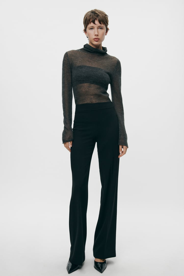 BLACK RIB WIDE-LEG PANTS