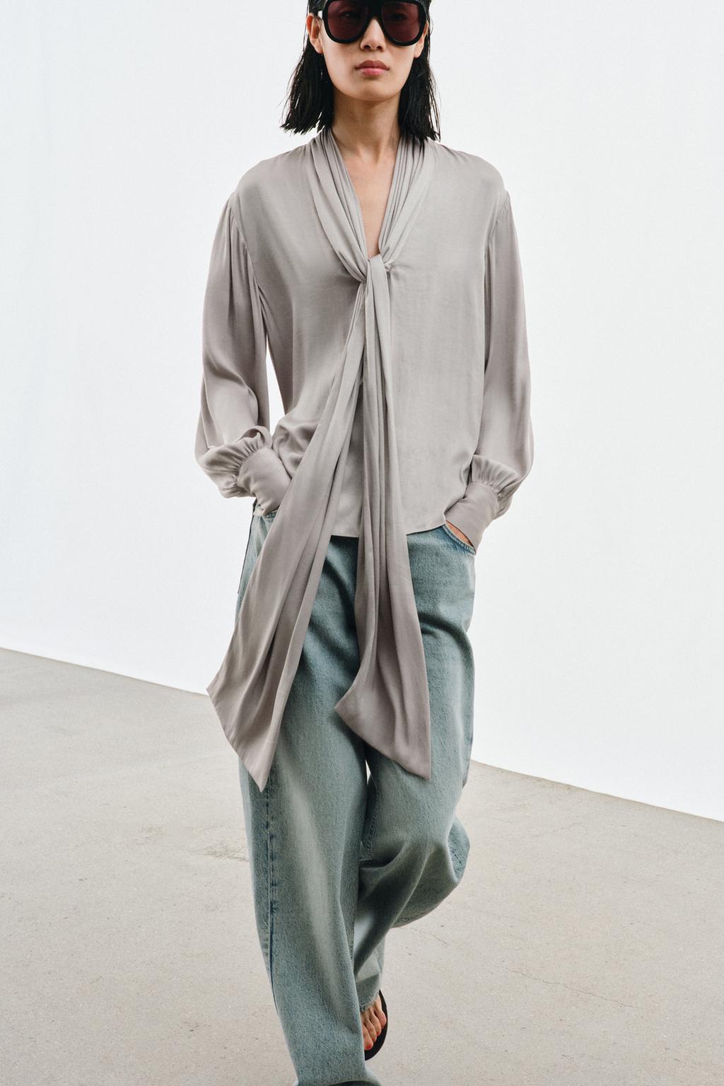 BLOUSE COL EN V AVEC NŒUD ZW COLLECTION