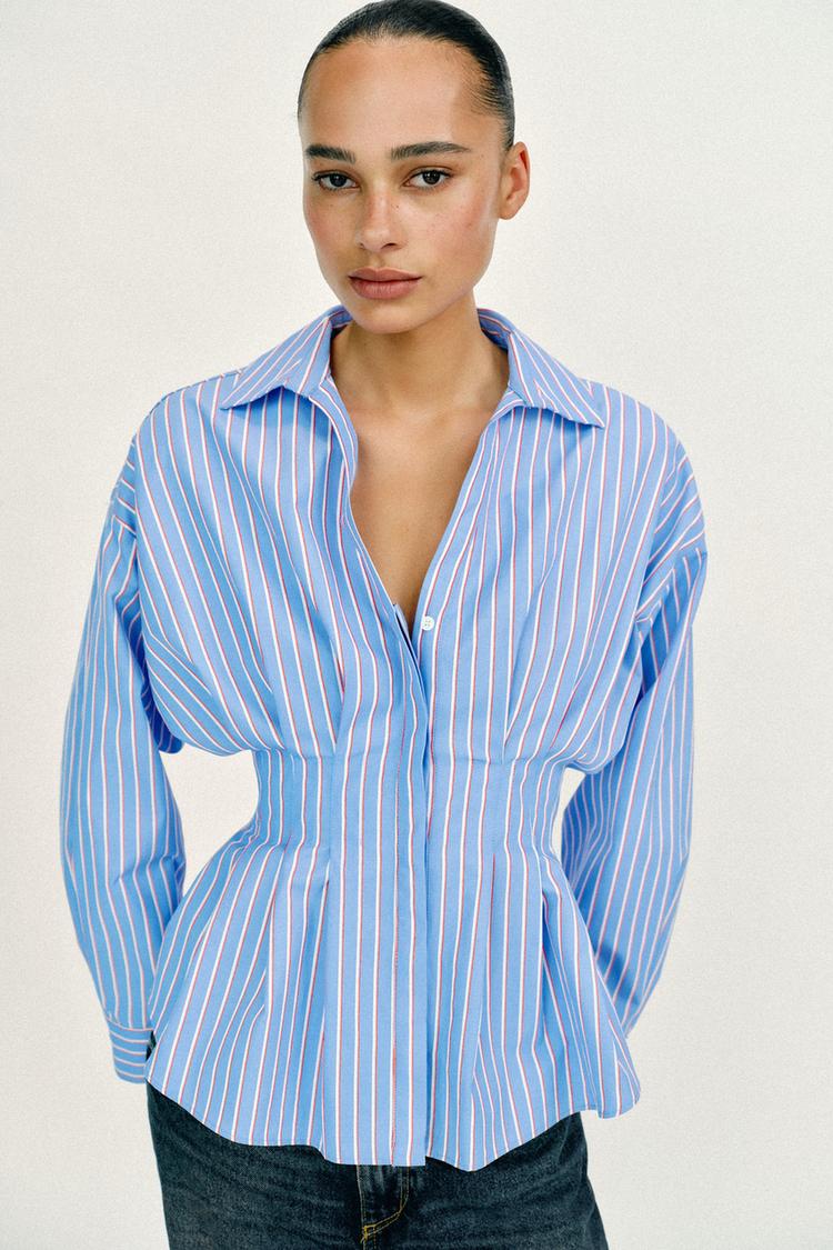 CHEMISE EN POPELINE À RAYURES ET PINCES