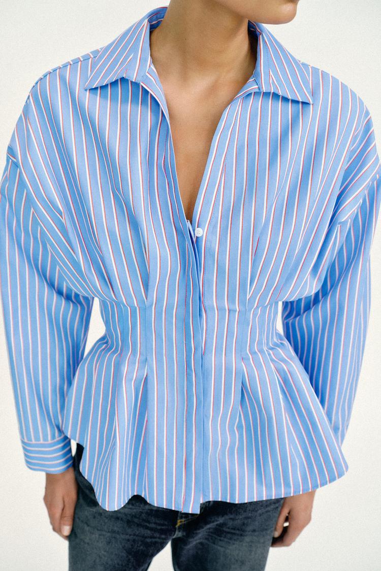 CHEMISE EN POPELINE À RAYURES ET PINCES