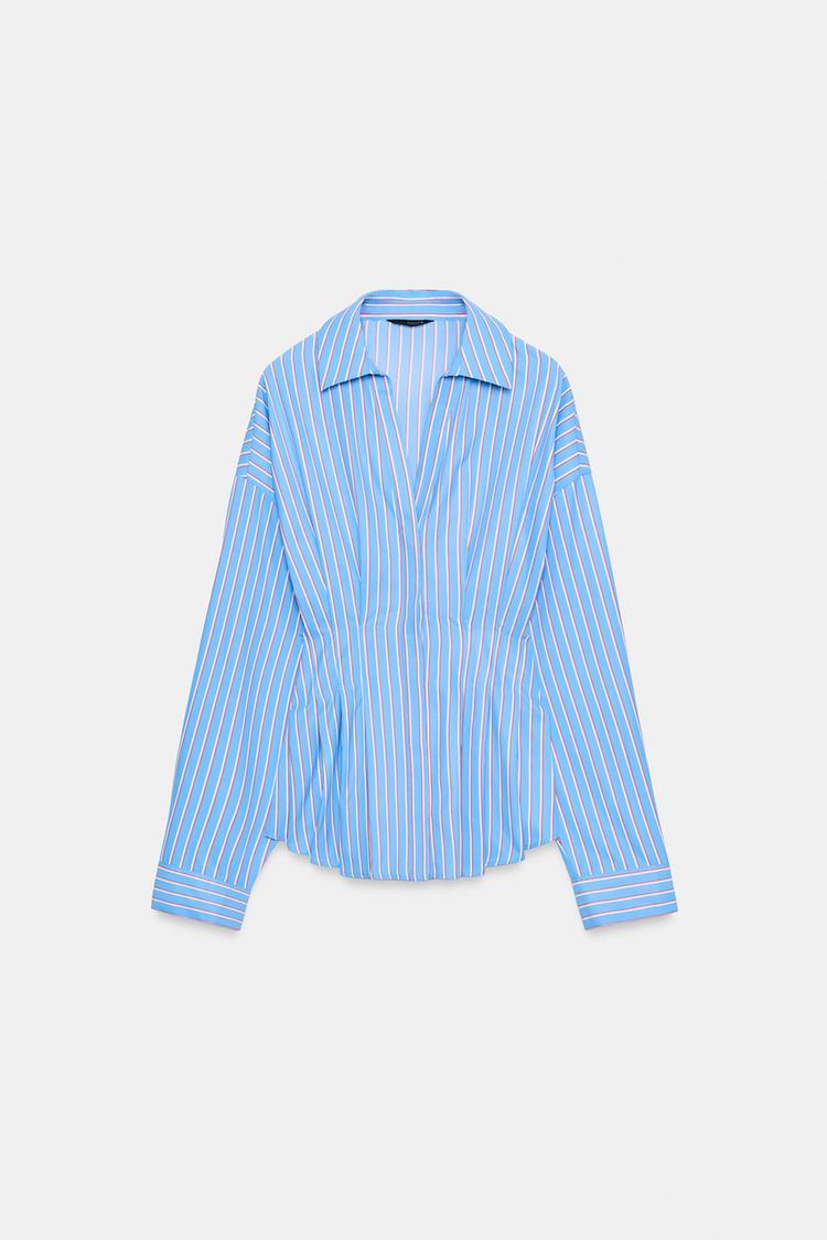 CHEMISE EN POPELINE À RAYURES ET PINCES