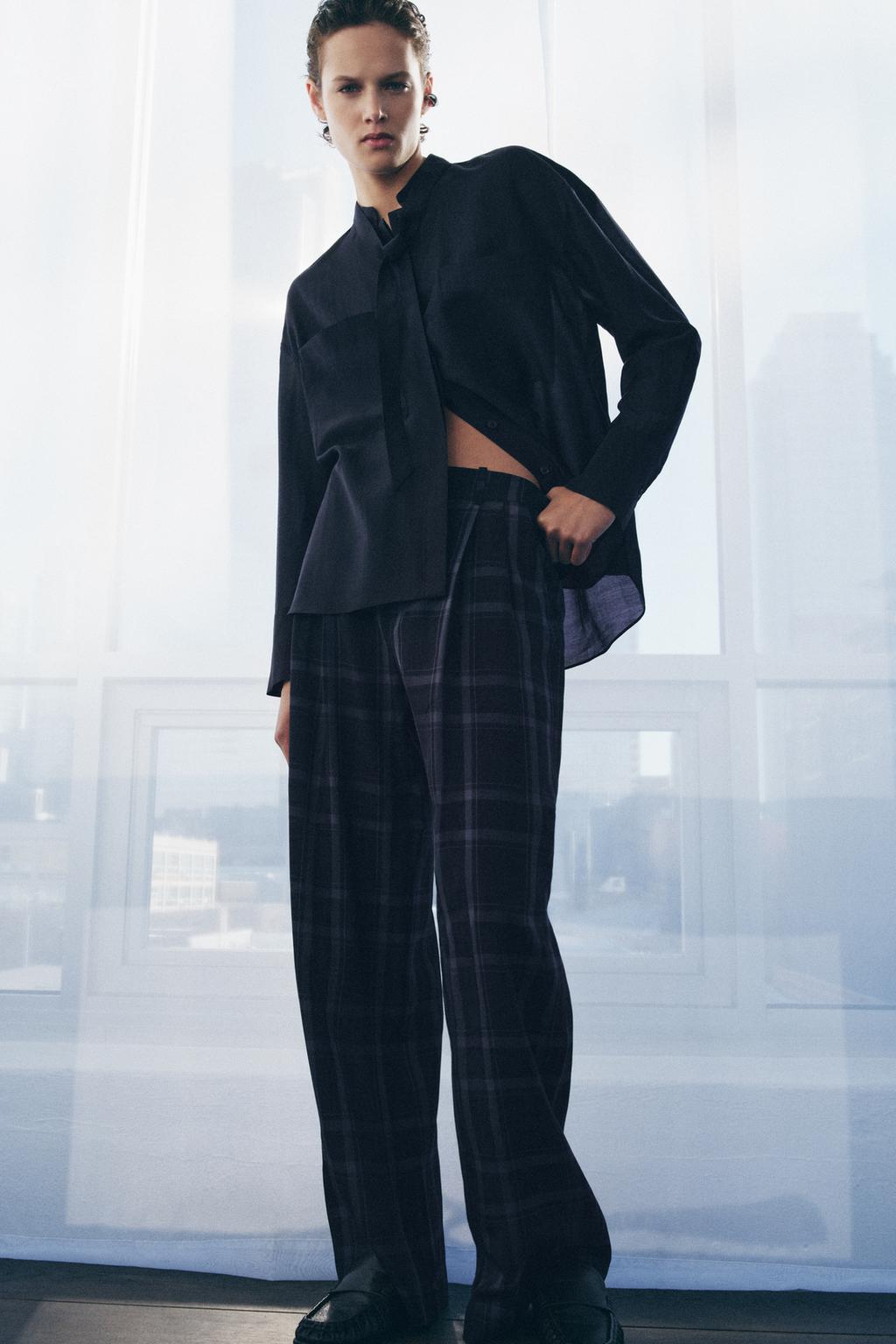 PANTALON À JAMBES LARGES À CARREAUX ZW COLLECTION