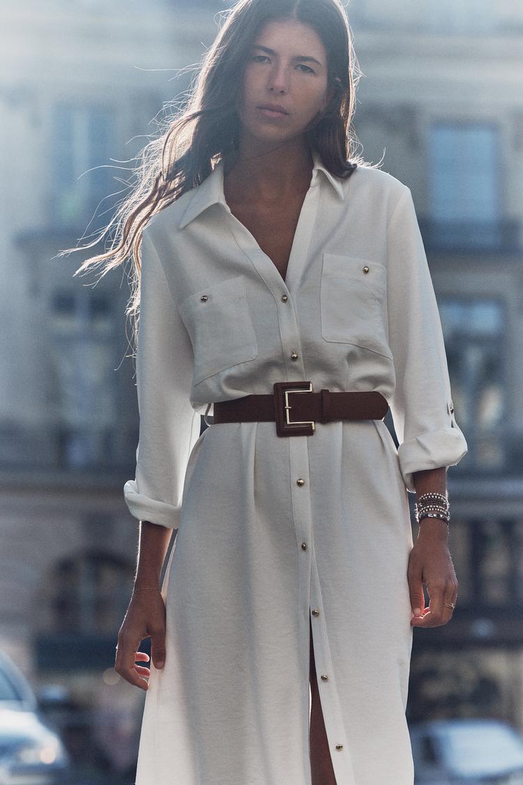 Robe Chemise Sans Ceinture Blanc Cassé