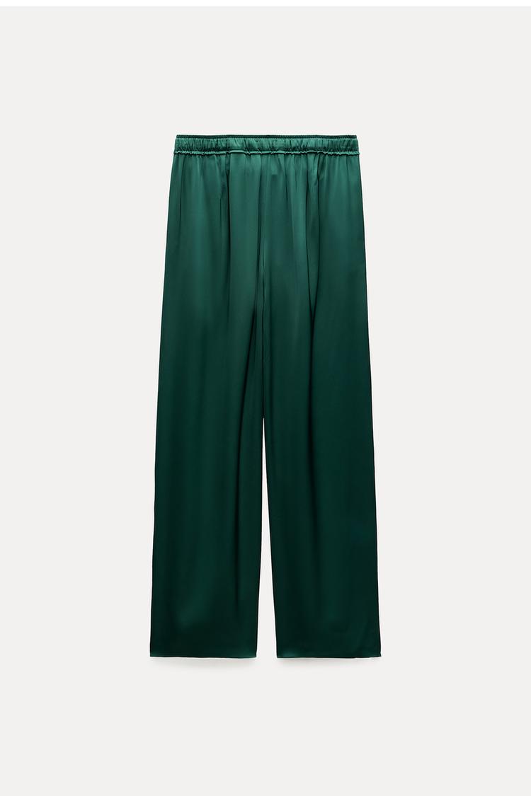 ENSEMBLE CHEMISE COL REVERS | PANTALON DROIT SATINÉ VERT ÉMERAUDE