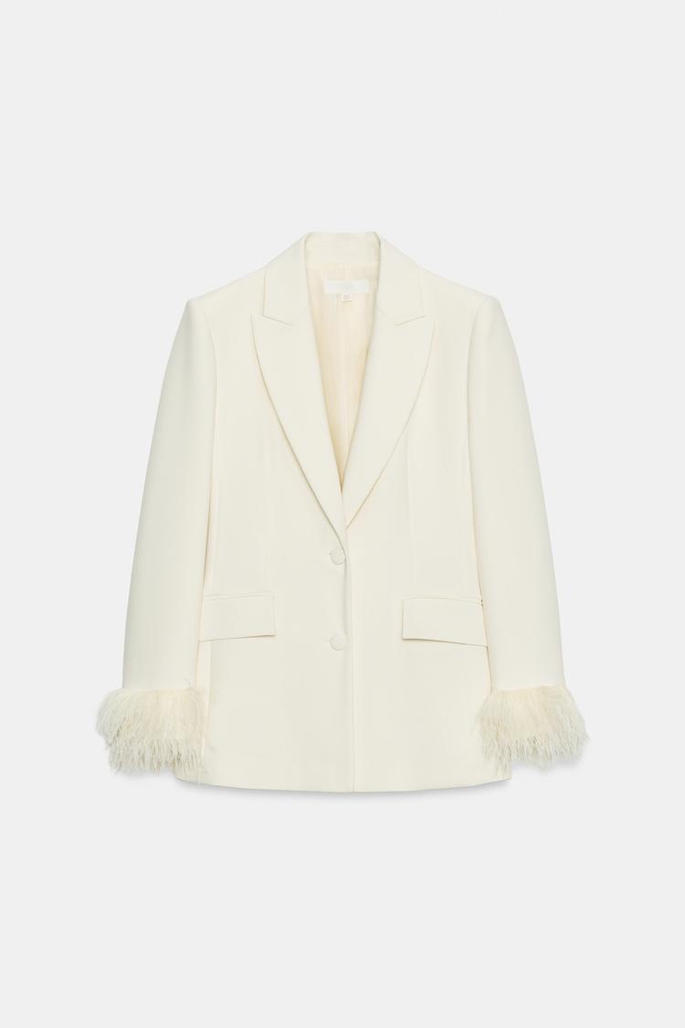 ENSEMBLE BLAZER ÉPAULETTES ET PLUMES | PANTALON DROIT TAILLE HAUTE