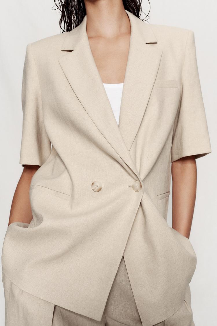 ENSEMBLE BLAZER MANCHES COURTES ET PANTALON EN LIN