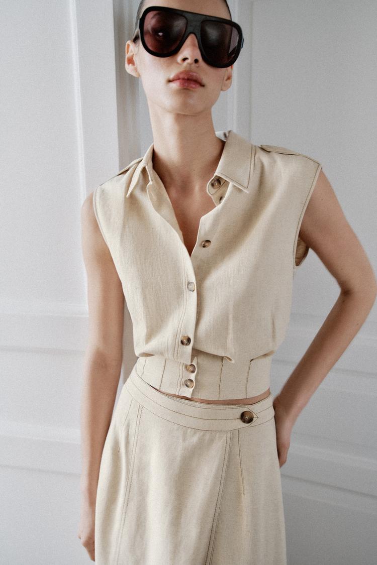 ENSEMBLE TOP | JUPE CROISÉE EN LIN À SURPIQÛRES