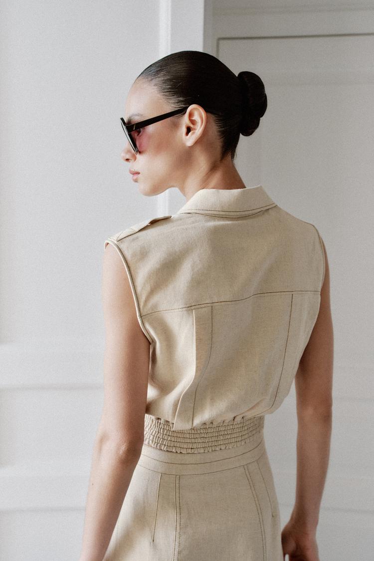 ENSEMBLE TOP | JUPE CROISÉE EN LIN À SURPIQÛRES