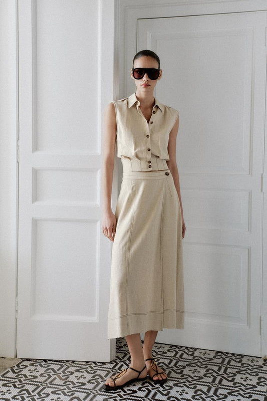 ENSEMBLE TOP | JUPE CROISÉE EN LIN À SURPIQÛRES