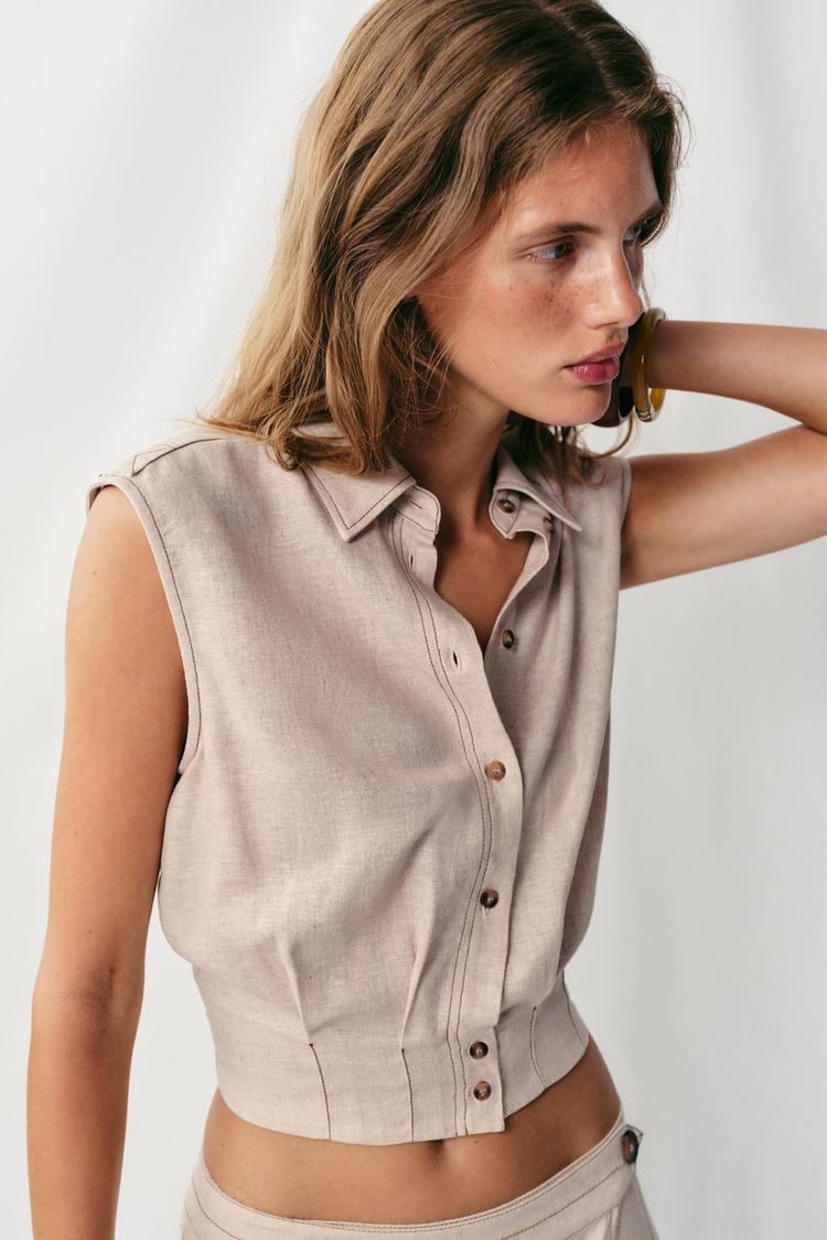 ENSEMBLE TOP | JUPE CROISÉE EN LIN À SURPIQÛRES