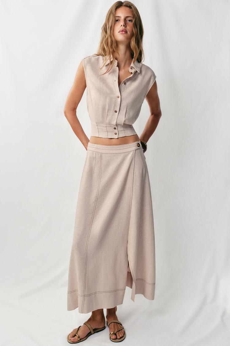 ENSEMBLE TOP | JUPE CROISÉE EN LIN À SURPIQÛRES