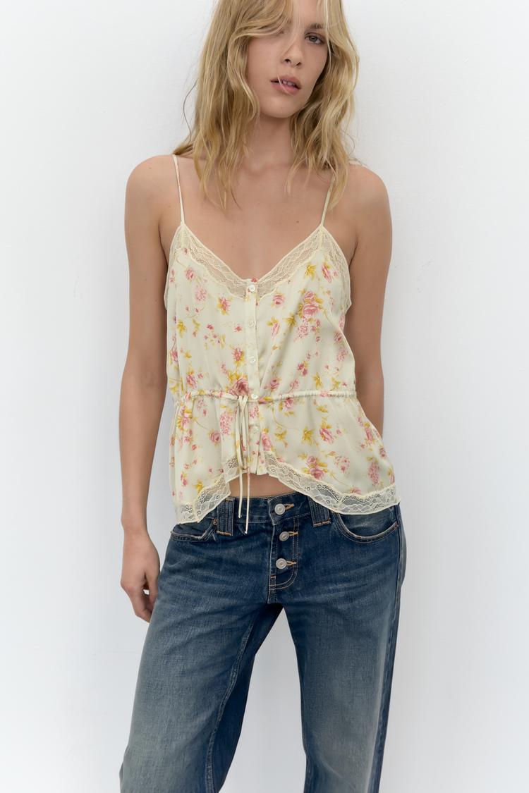 TOP SATINÉ FLEURS ET DENTELLE