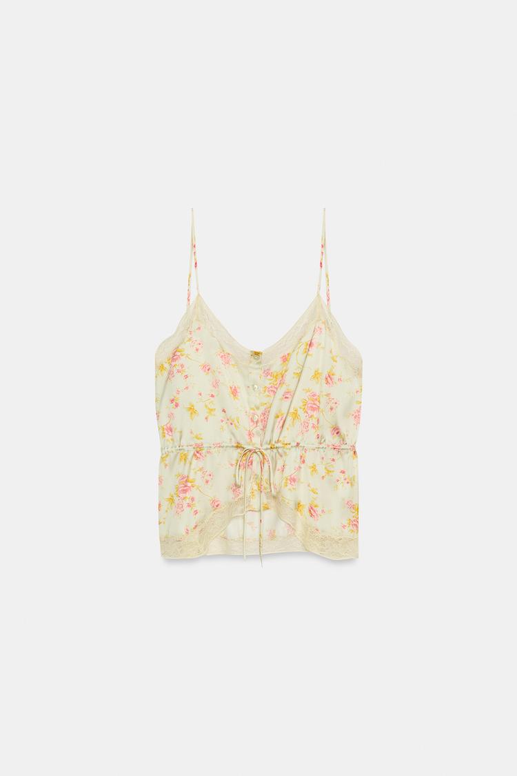 TOP SATINÉ FLEURS ET DENTELLE