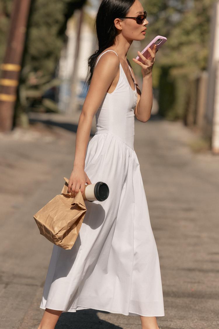 ROBE MI-LONGUE EN POPELINE FAÇON CORSET