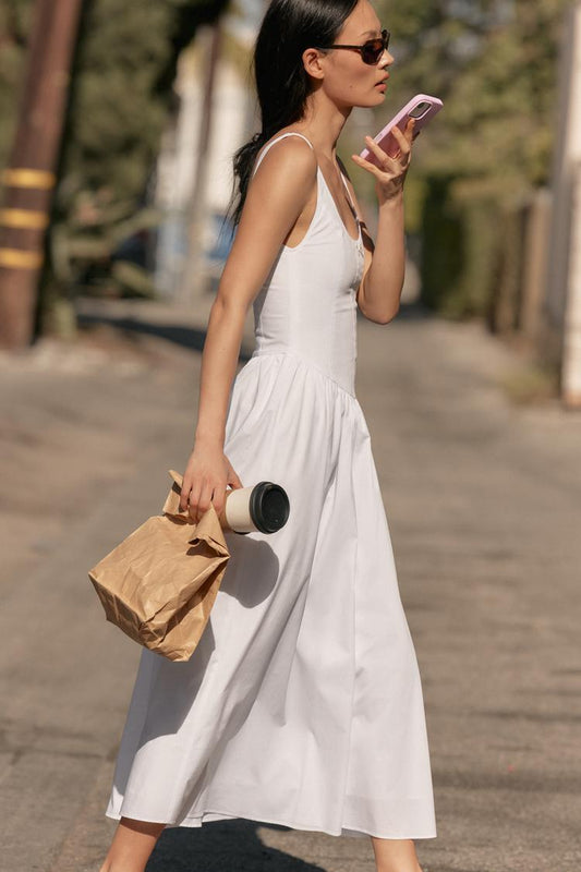 ROBE MI-LONGUE EN POPELINE FAÇON CORSET