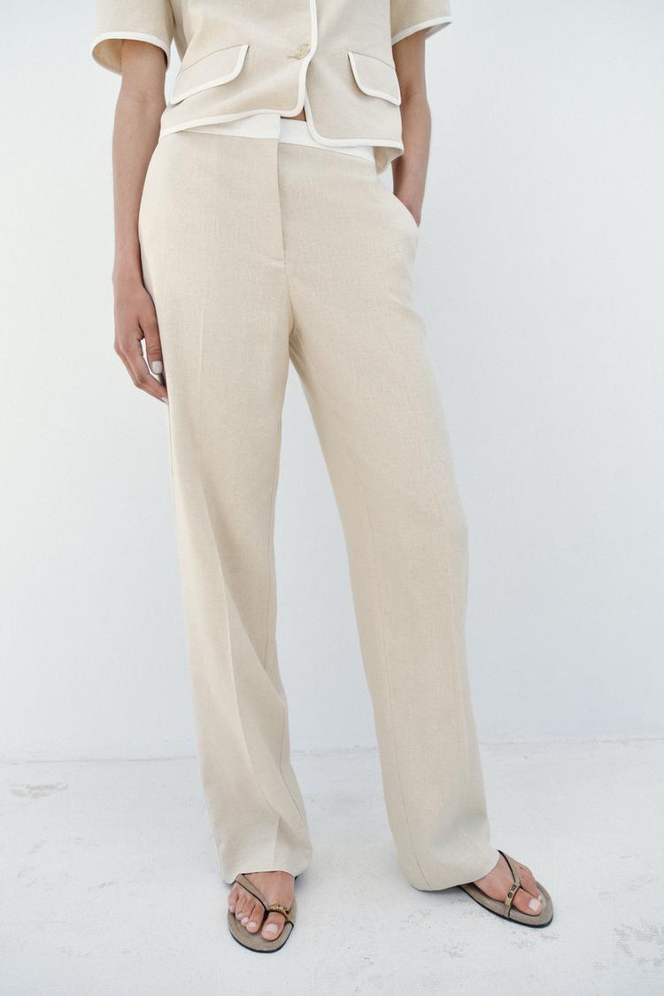 ENSEMBLE VESTE À MANCHES COURTES ET LISERÉS EN CONTRASTE | PANTALON DROIT EN LIN À TAILLE CONTRASTÉE