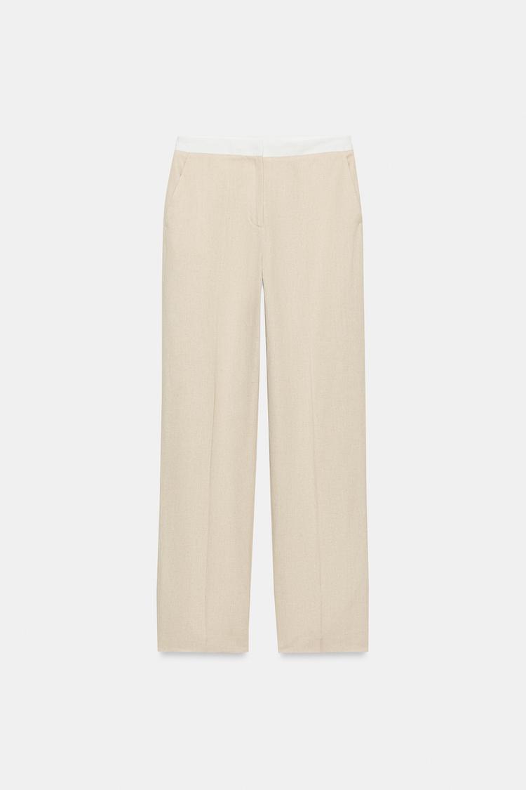 ENSEMBLE VESTE À MANCHES COURTES ET LISERÉS EN CONTRASTE | PANTALON DROIT EN LIN À TAILLE CONTRASTÉE