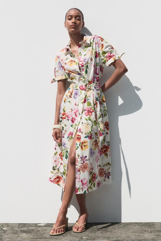ROBE MIDI EN POPELINE À IMPRIMÉ FLEURI
