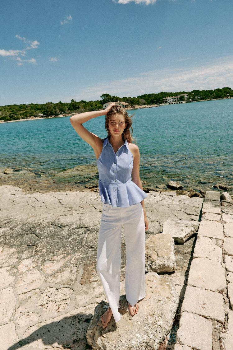 CHEMISE HALTER À RAYURES ET PÉPLUM