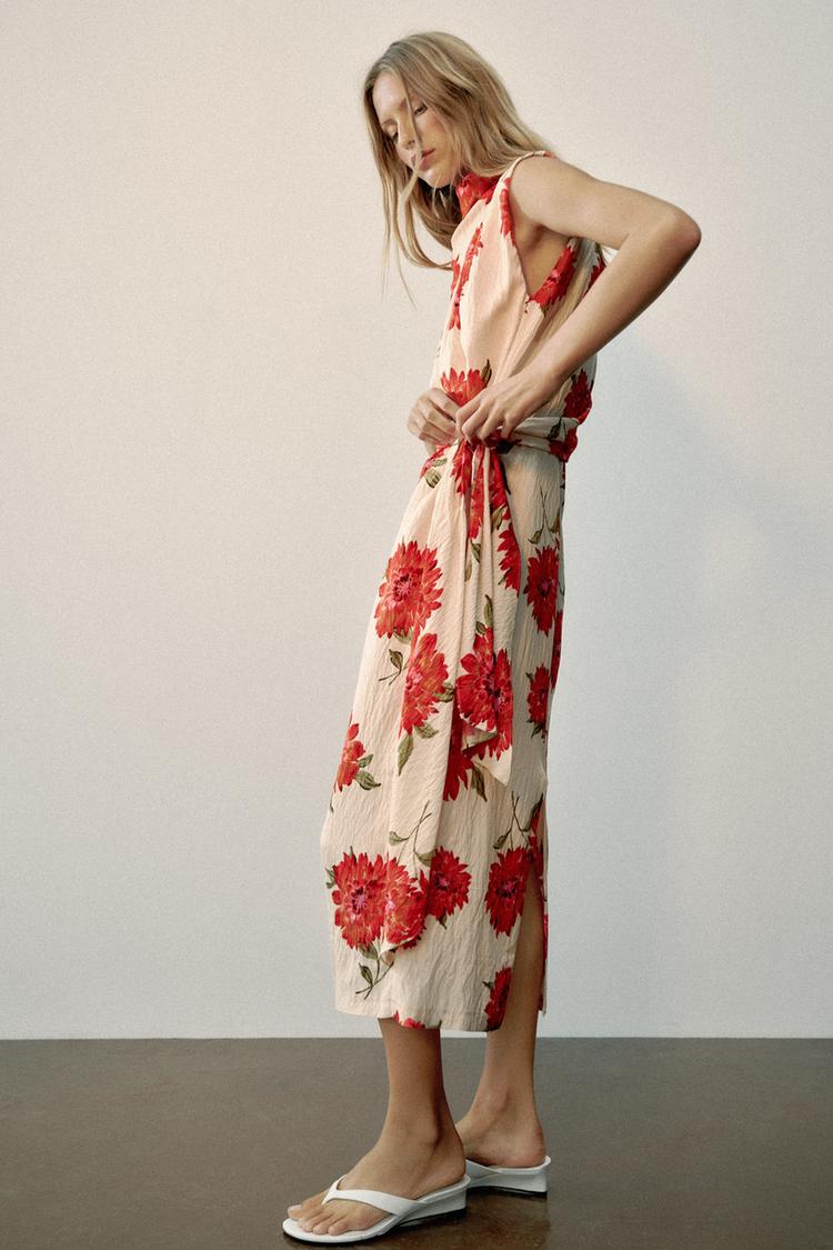 ROBE MI-LONGUE À IMPRIMÉ FLEURI AVEC CEINTURE