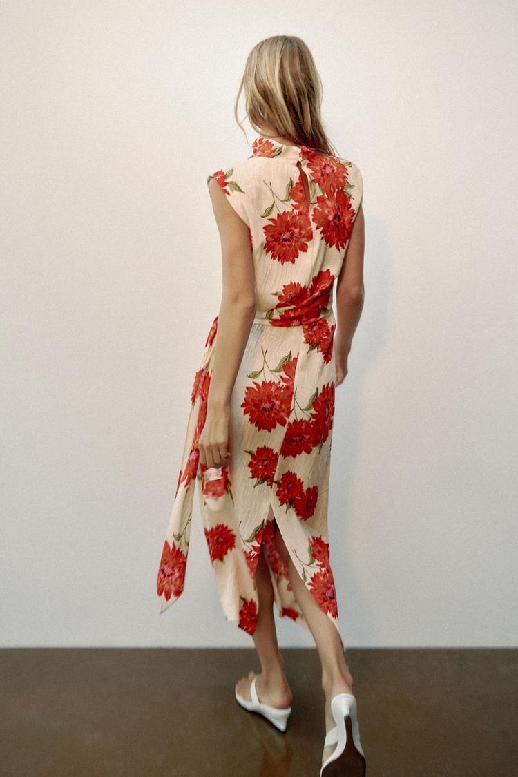 ROBE MI-LONGUE À IMPRIMÉ FLEURI AVEC CEINTURE