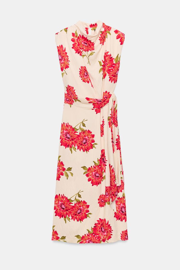 ROBE MI-LONGUE À IMPRIMÉ FLEURI AVEC CEINTURE