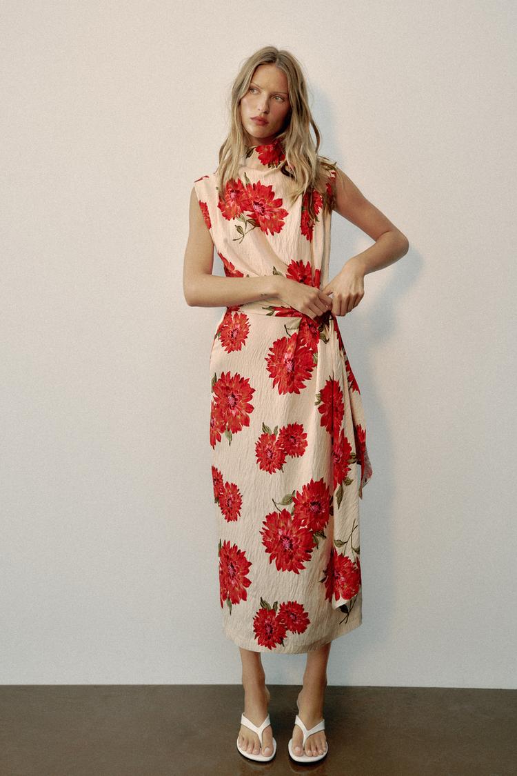ROBE MI-LONGUE À IMPRIMÉ FLEURI AVEC CEINTURE