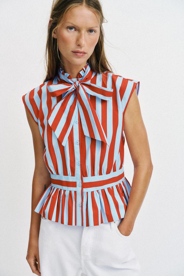 CHEMISE SANS MANCHES À RAYURES ET NŒUD