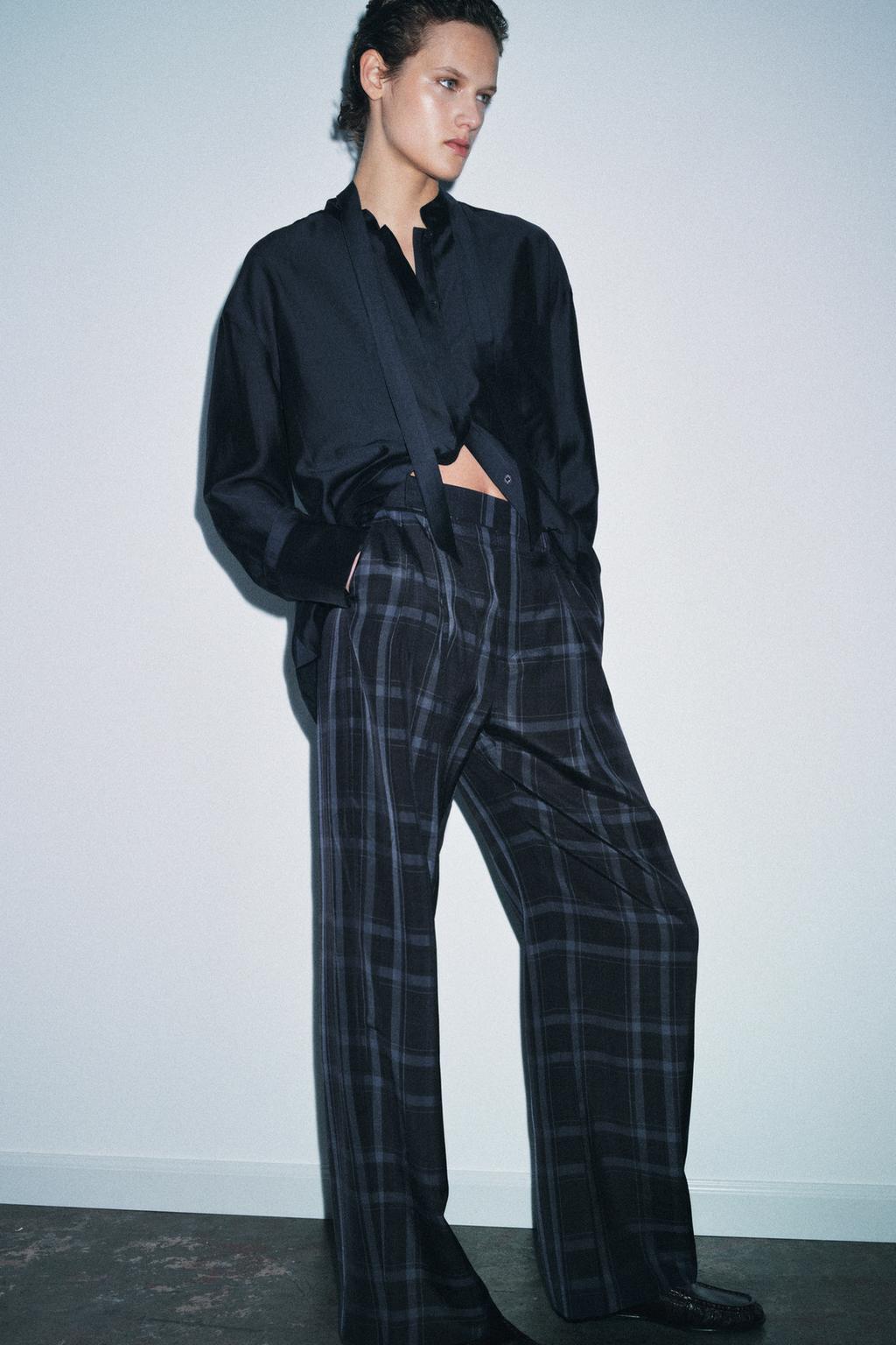 PANTALON À JAMBES LARGES À CARREAUX ZW COLLECTION
