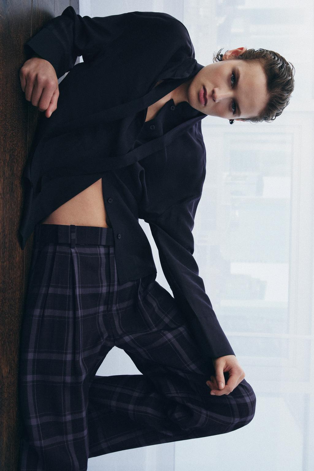 PANTALON À JAMBES LARGES À CARREAUX ZW COLLECTION