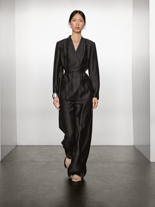 MASSIMO DUTTI PANTALON PALAZZO À PINCES EN LIN MÉLANGÉ