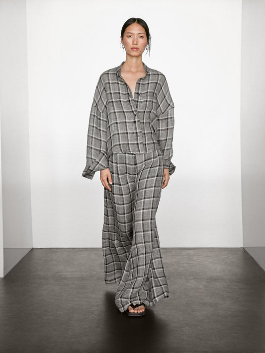 MASSIMO DUTTI PANTALON PALAZZO À CARREAUX 100 % LIN